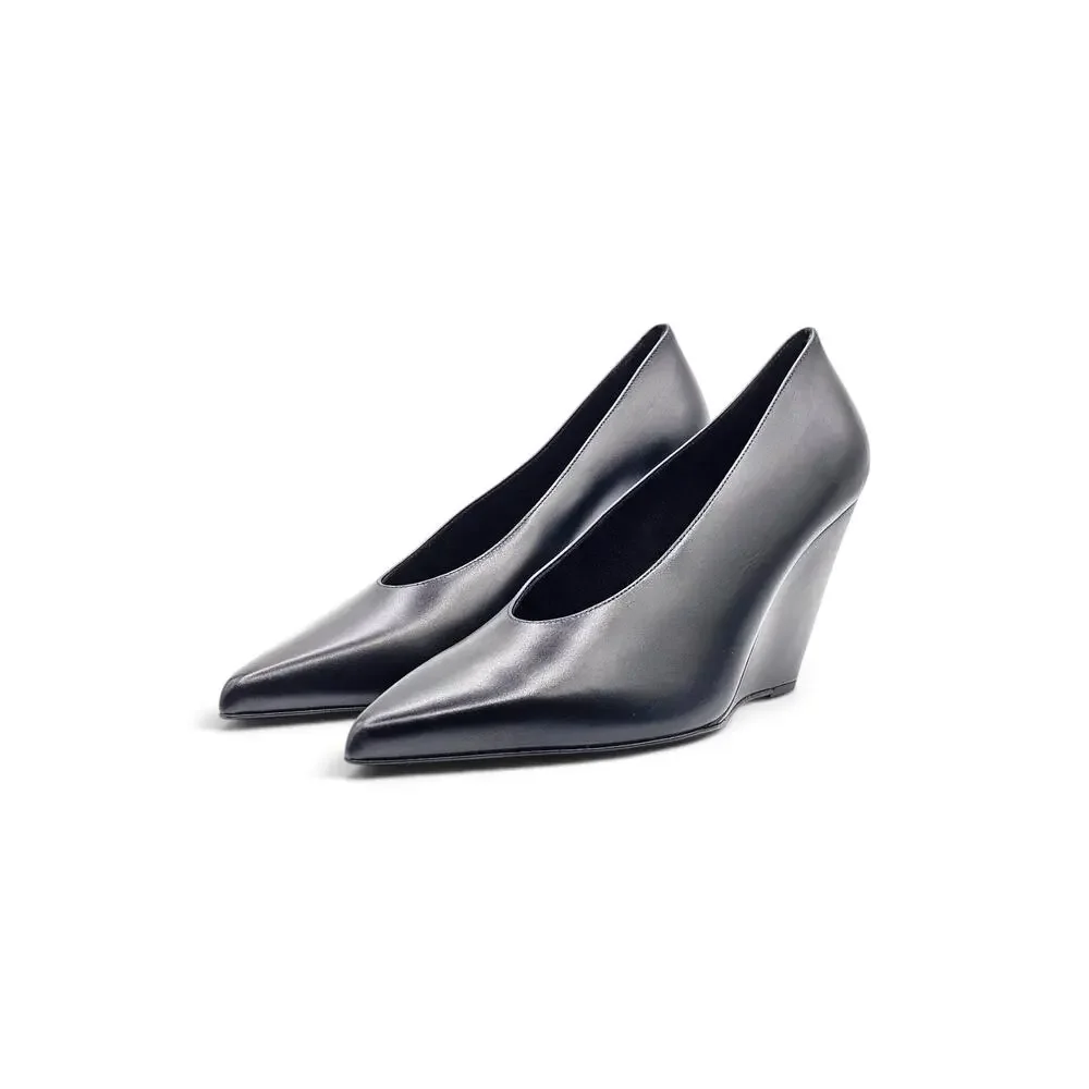 Loro Piana Viola High Wedge Pumps Black Leather FAQ6802 - NWB $1375